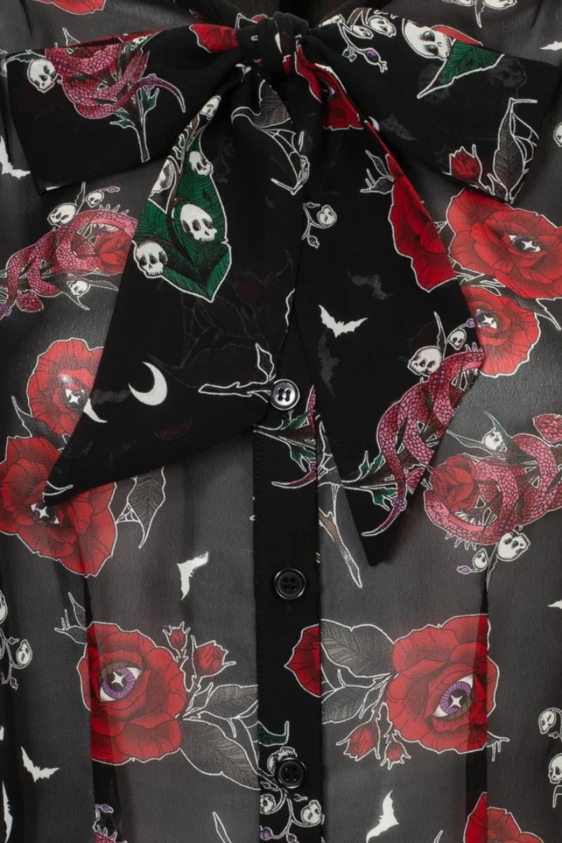 Hell Bunny Blooming Elle Blouse Floral Tie Neck Retro Top