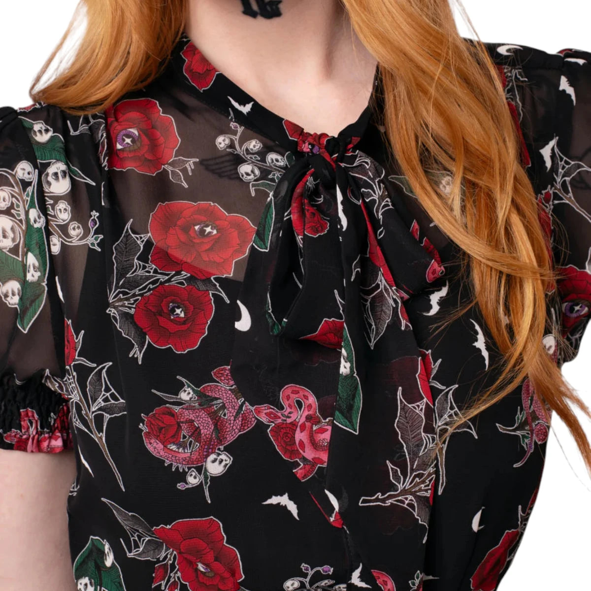 Hell Bunny Blooming Elle Blouse Floral Tie Neck Retro Top