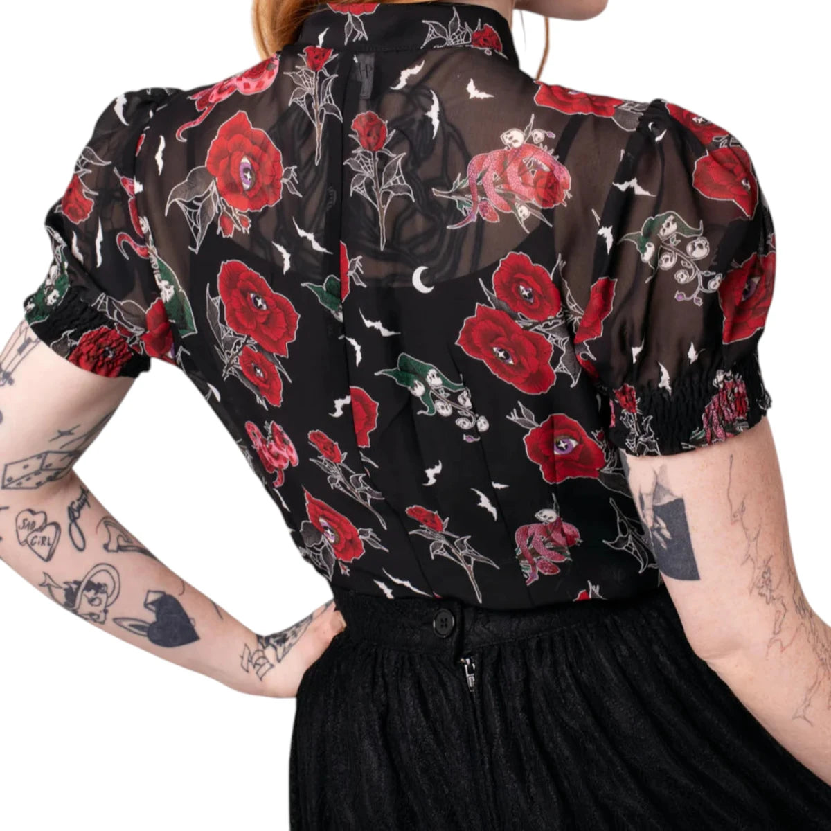 Hell Bunny Blooming Elle Blouse Floral Tie Neck Retro Top