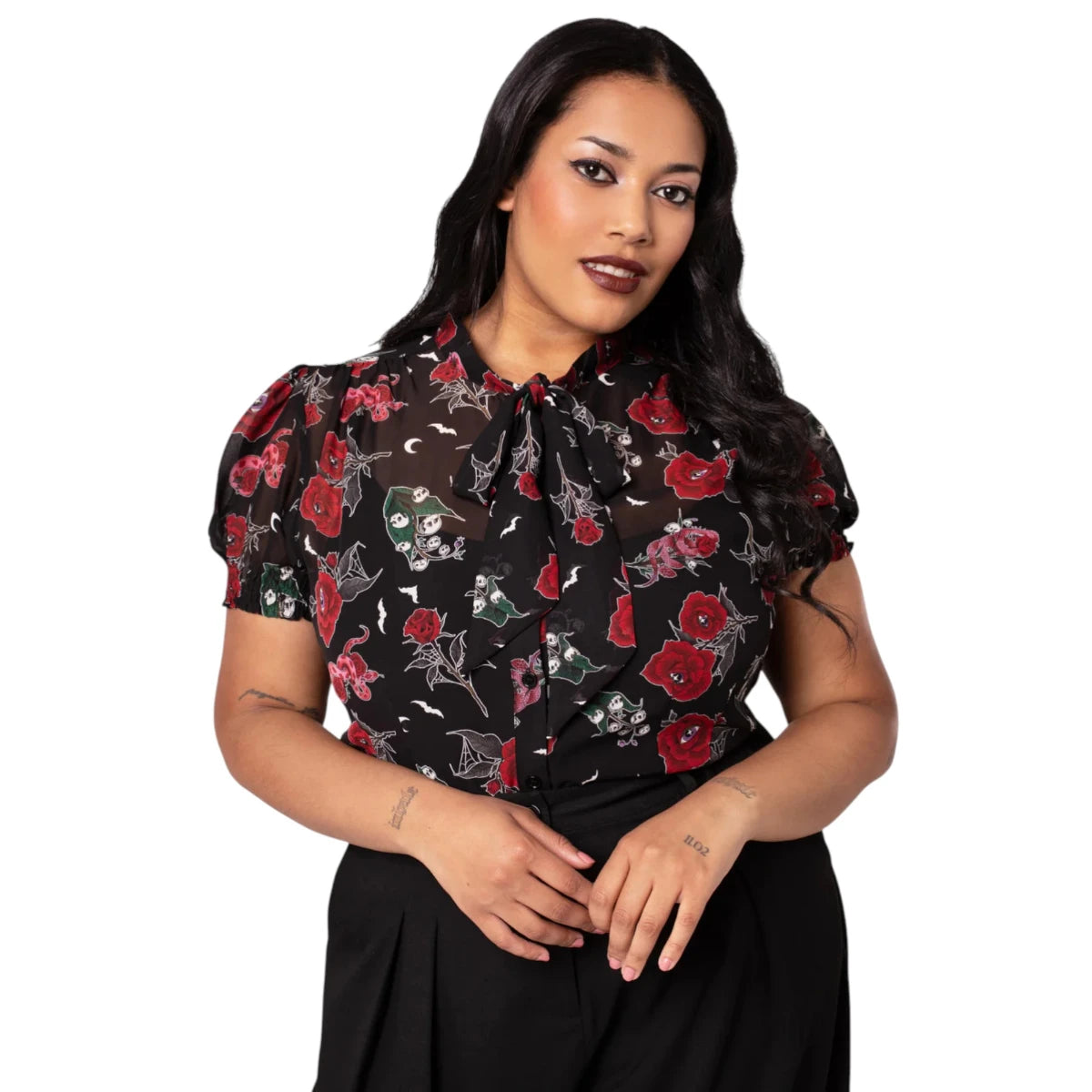 Hell Bunny Blooming Elle Blouse Floral Tie Neck Retro Top