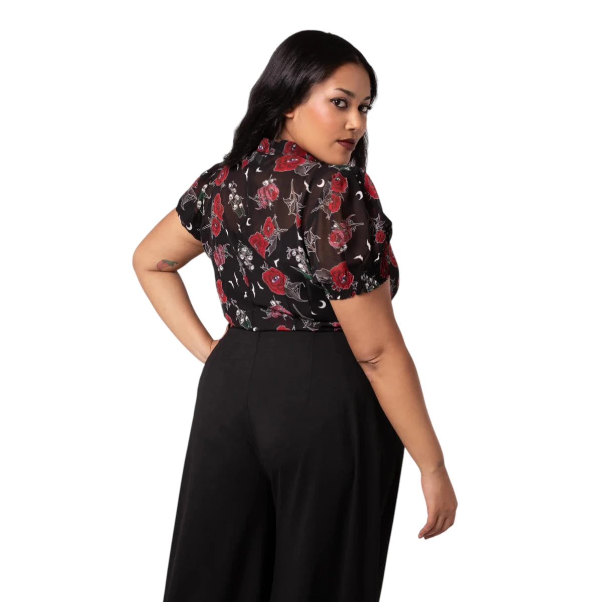 Hell Bunny Blooming Elle Blouse Floral Tie Neck Retro Top