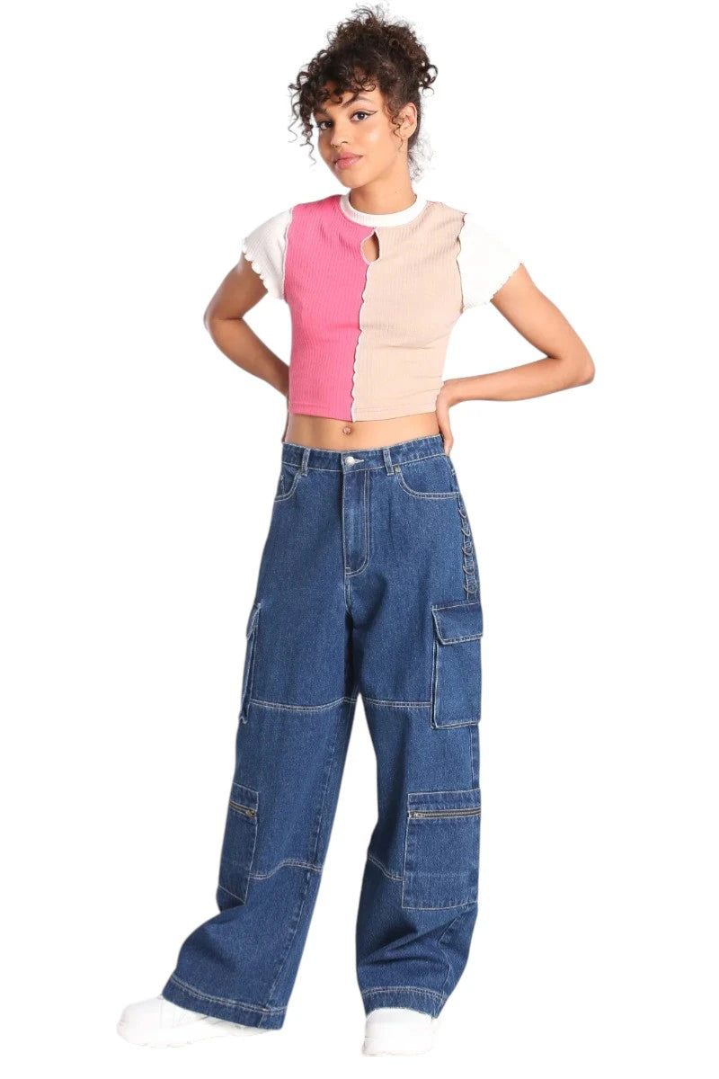Hell Bunny Cameron Jeans Wide Leg Cargo Blue Denim Pants