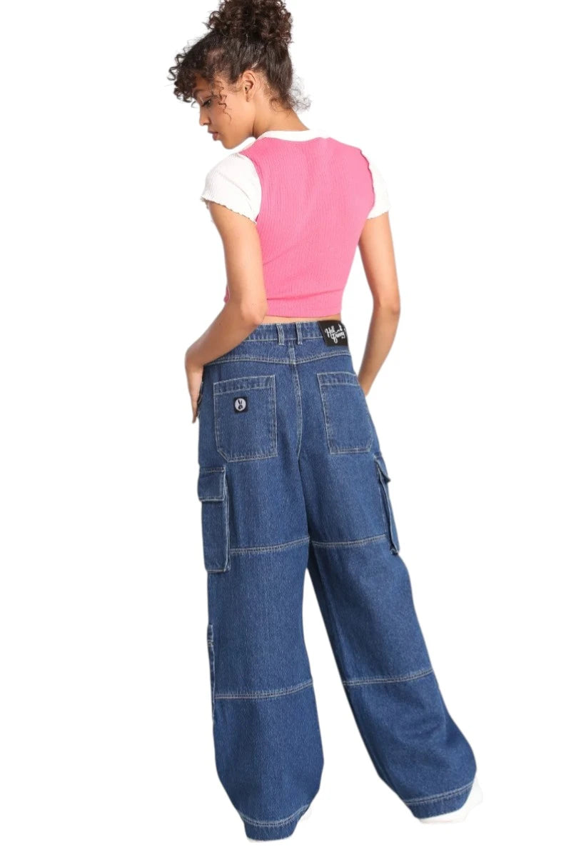 Hell Bunny Cameron Jeans Wide Leg Cargo Blue Denim Pants