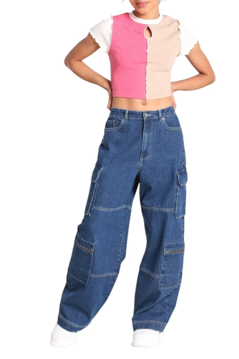 Hell Bunny Cameron Jeans Wide Leg Cargo Blue Denim Pants