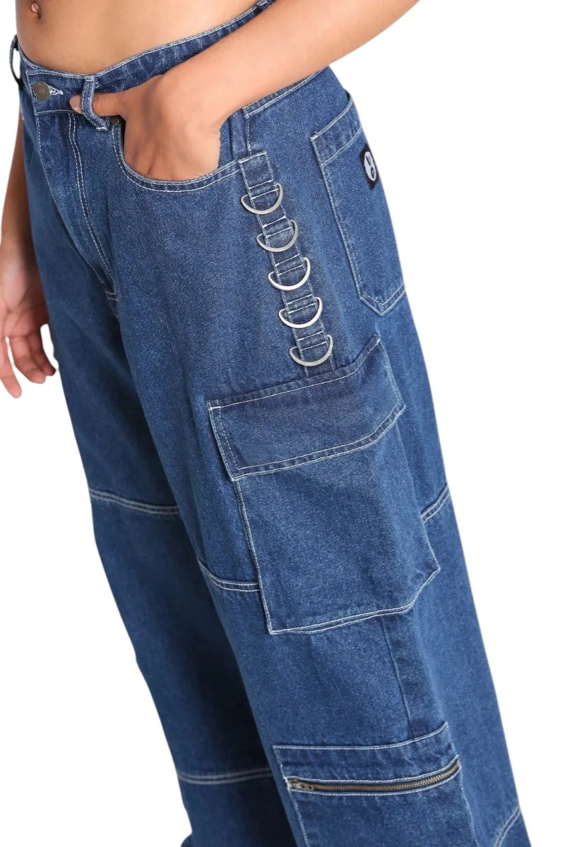Hell Bunny Cameron Jeans Wide Leg Cargo Blue Denim Pants
