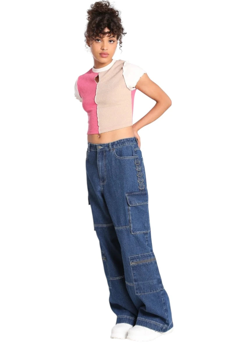 Hell Bunny Cameron Jeans Wide Leg Cargo Blue Denim Pants