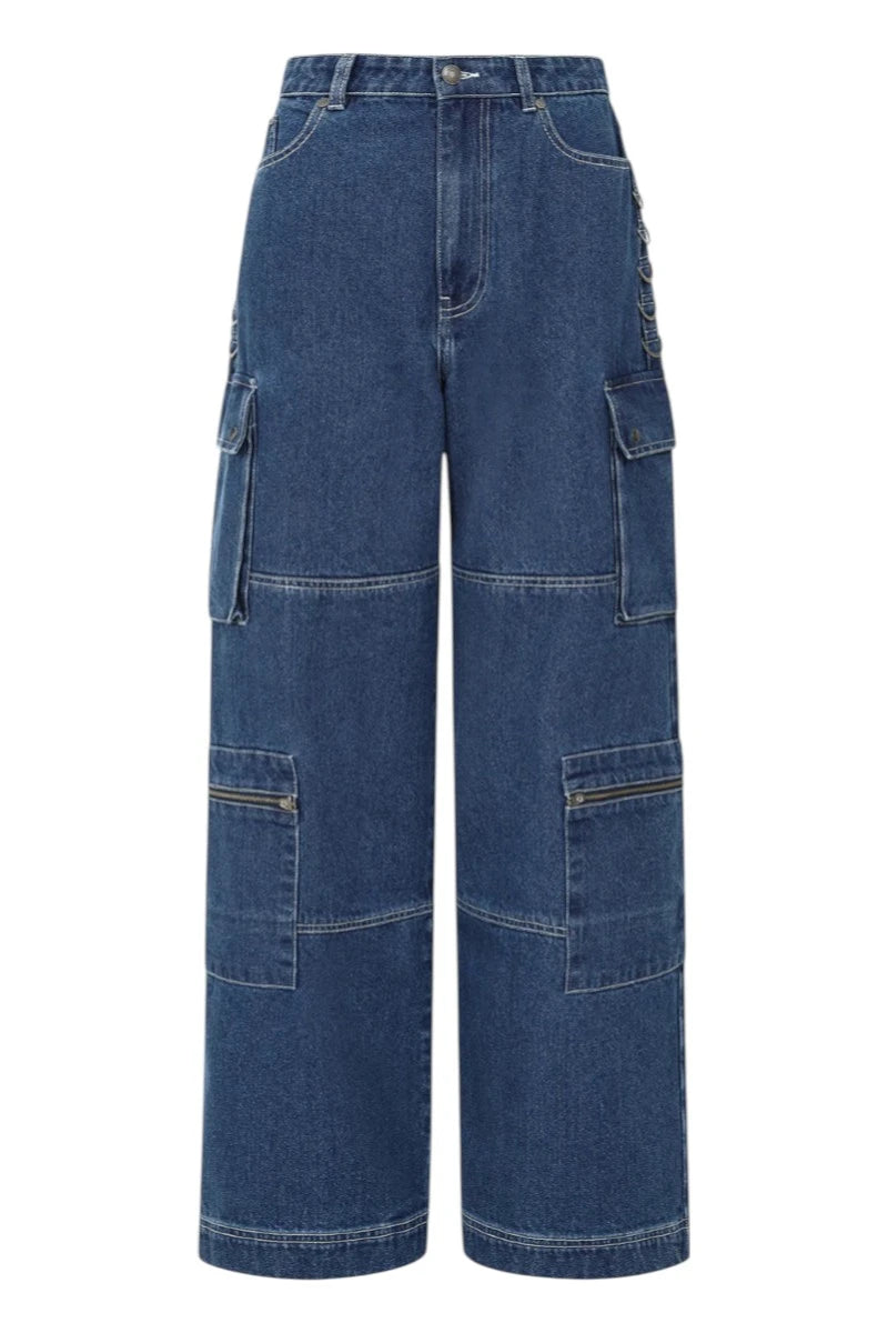 Hell Bunny Cameron Jeans Wide Leg Cargo Blue Denim Pants