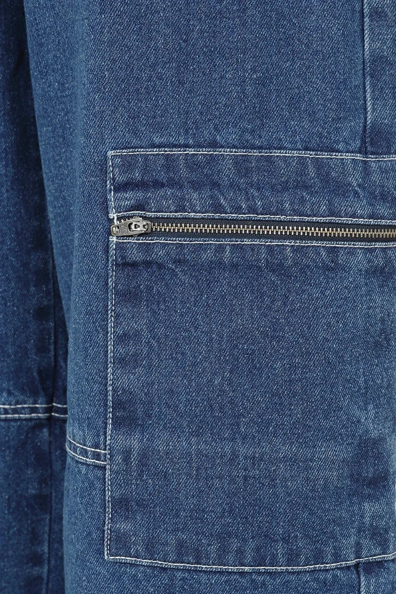 Hell Bunny Cameron Jeans Wide Leg Cargo Blue Denim Pants