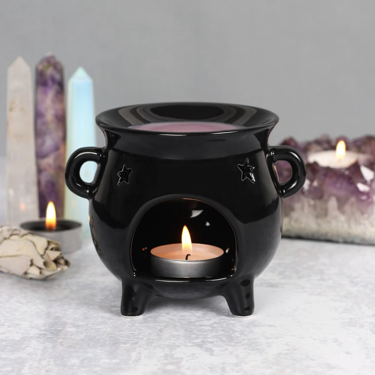 Cauldron Oil Burner – Gothic Black Ceramic Wax Melter Decor