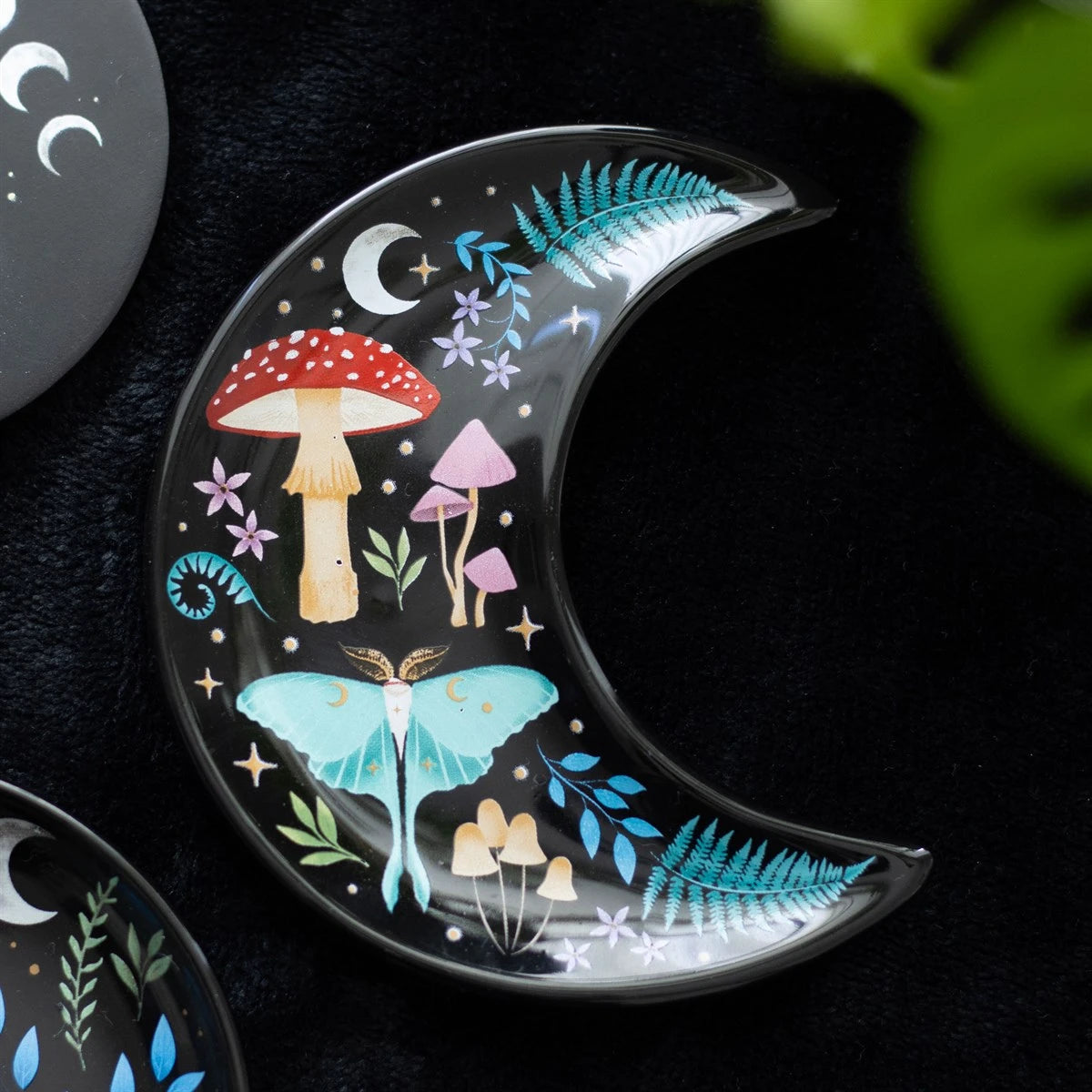 Crescent Moon Trinket Dish, Dark Forest Print with Mushrooms