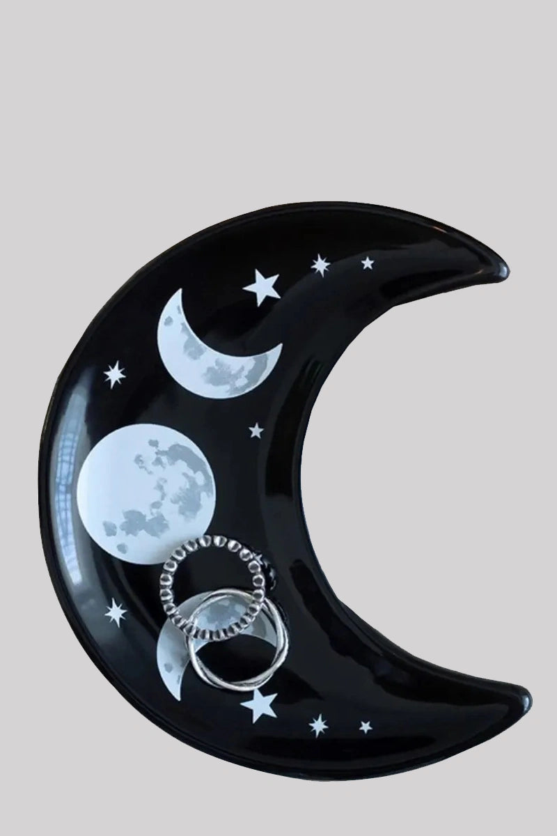 Crescent Moon Trinket Dish - Black Ceramic Witchy Goth Decor