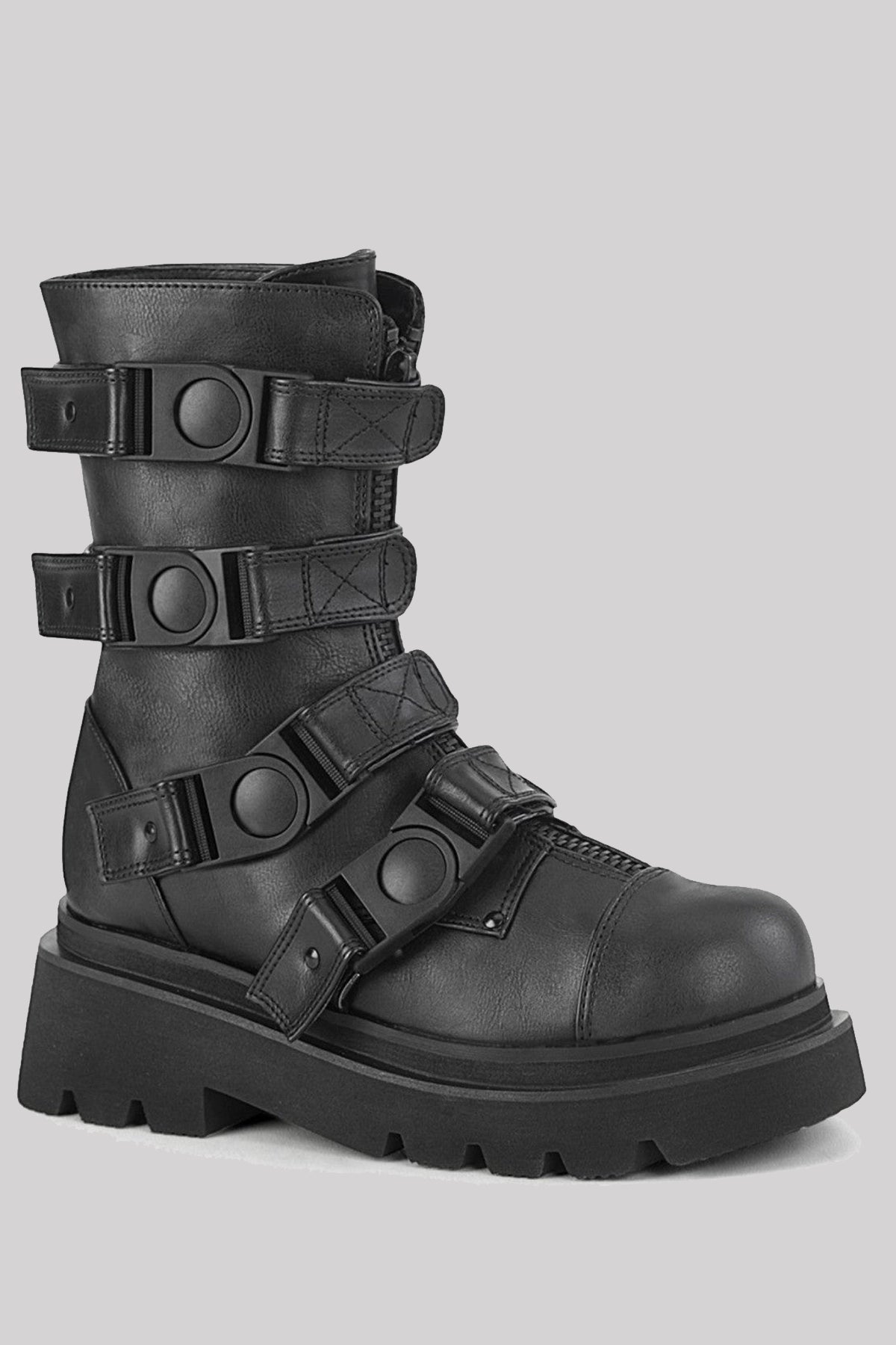 Demonia Renegade 55 Goth Punk Platform Plastic Buckle Mid Calf Boots