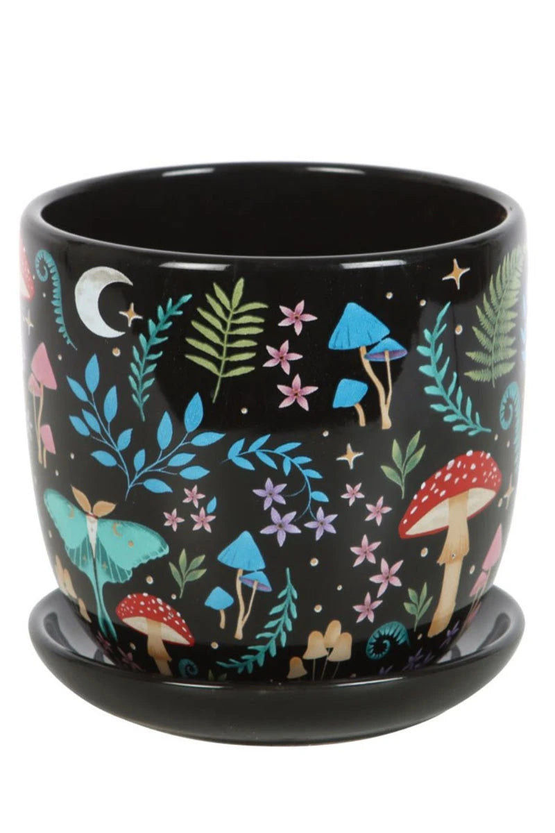 Dark Forest Print Ceramic Plant Pot with Saucer - Mystical