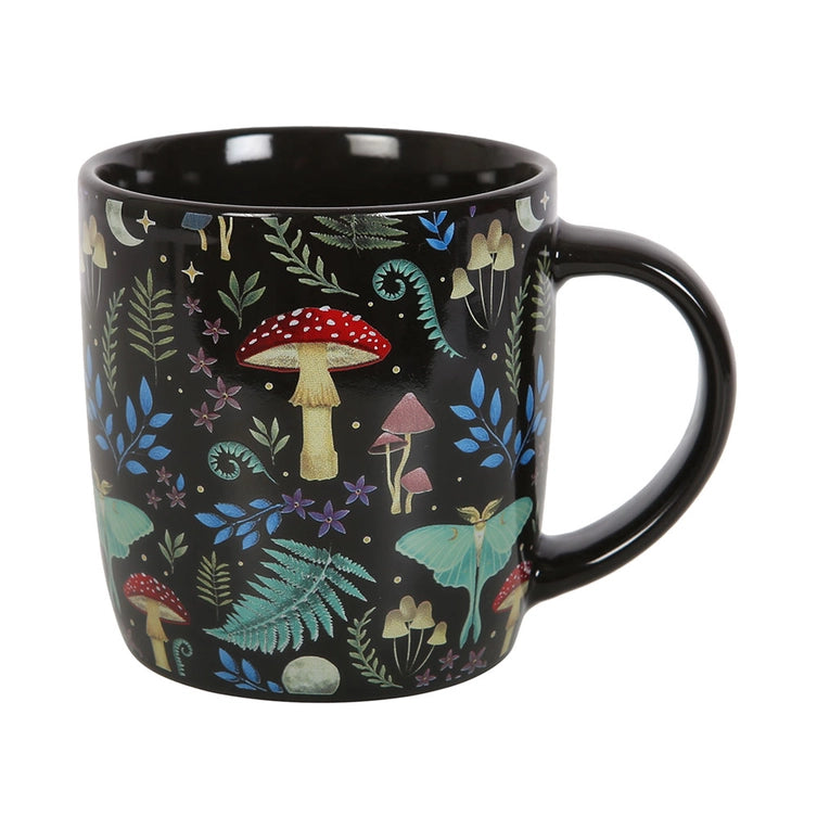 Dark Forest Print Mug – Botanical Mushrooms & Moth Design