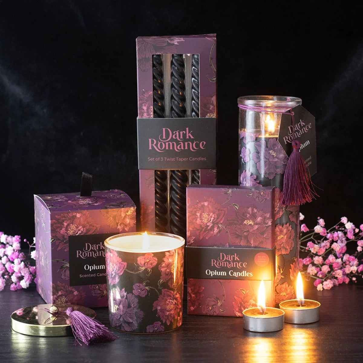 Dark Romance Scented Candle - Opium Glass Jar Purple Floral
