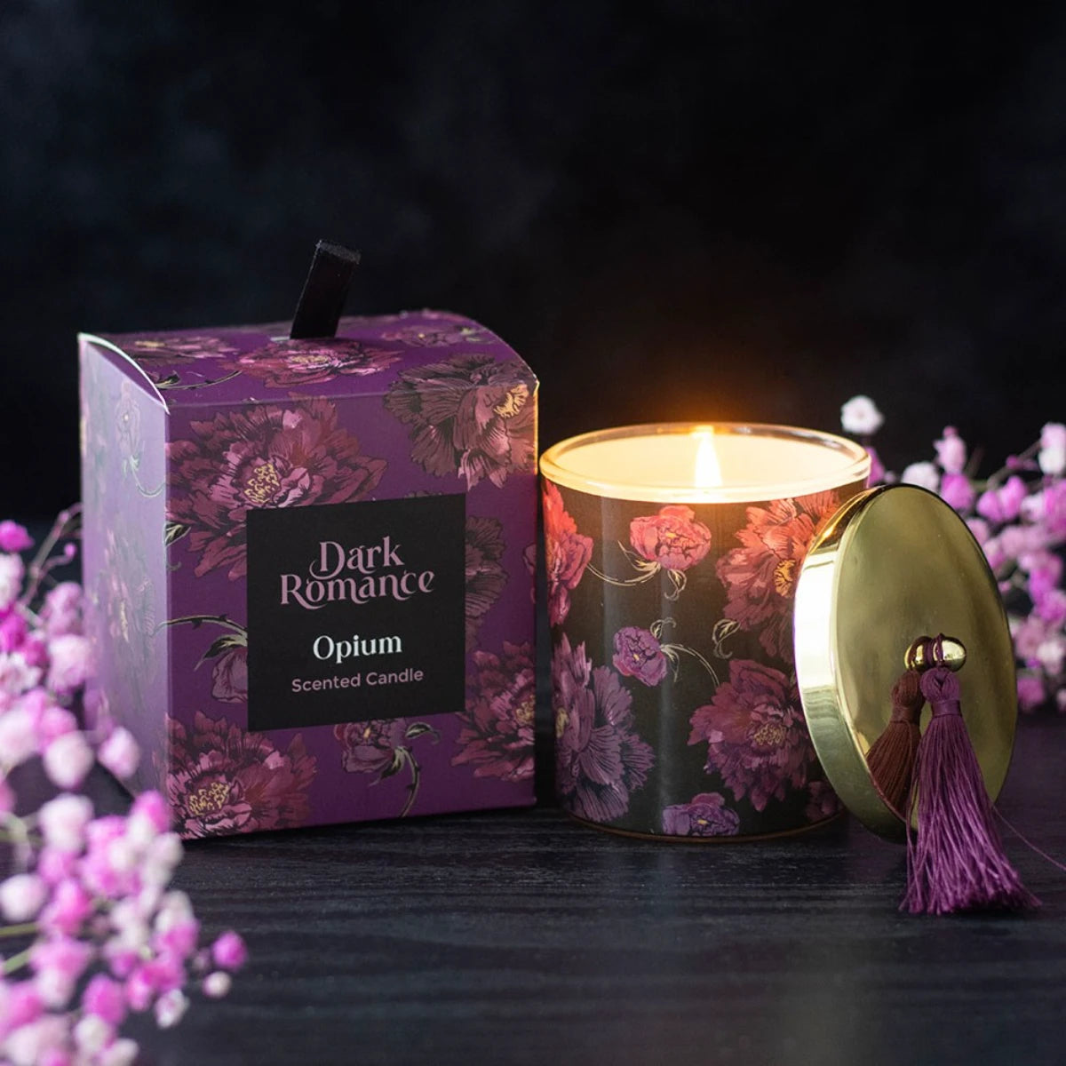 Dark Romance Scented Candle - Opium Glass Jar Purple Floral