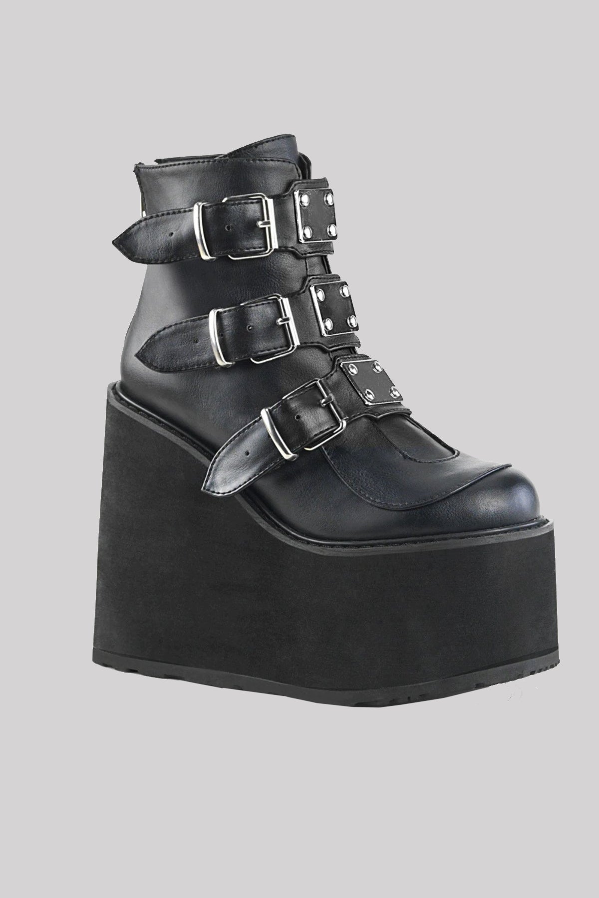 Demonia Swing 105 Tiered Platform Metal Plate Ankle Boots