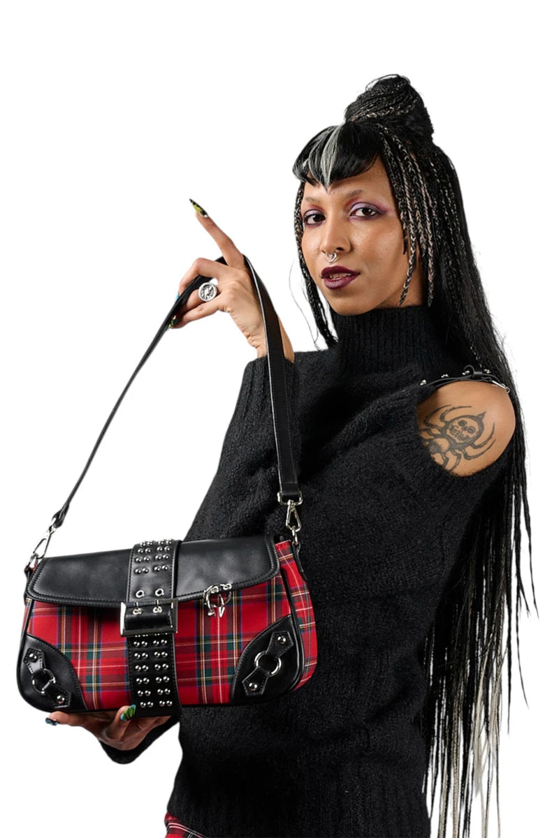 Banned Disorder Tartan Bag Studded Punk Goth Shoulder Bag