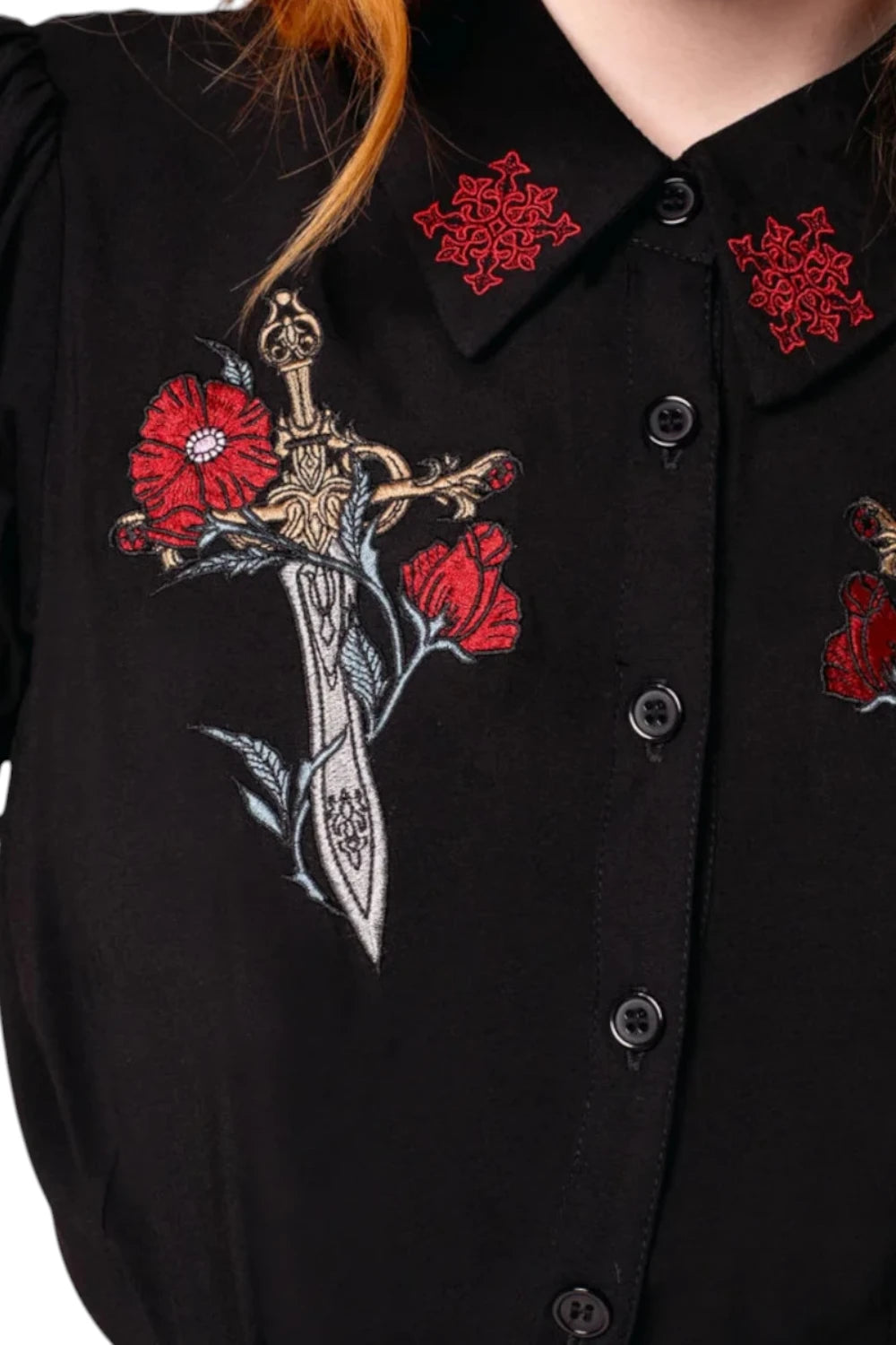 Hell Bunny Elyse Blouse Gothic Sword and Rose Embroidered Top | Ro Rox