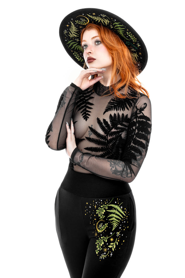 Restyle Gothic Forest Witch Fern Mesh Velvet Bodysuit