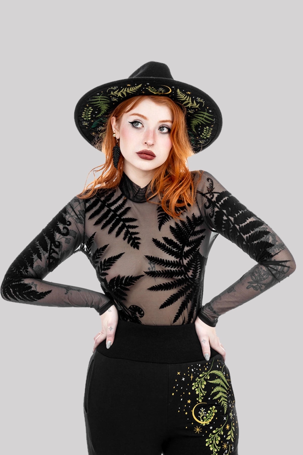 Restyle Gothic Forest Witch Fern Mesh Velvet Bodysuit