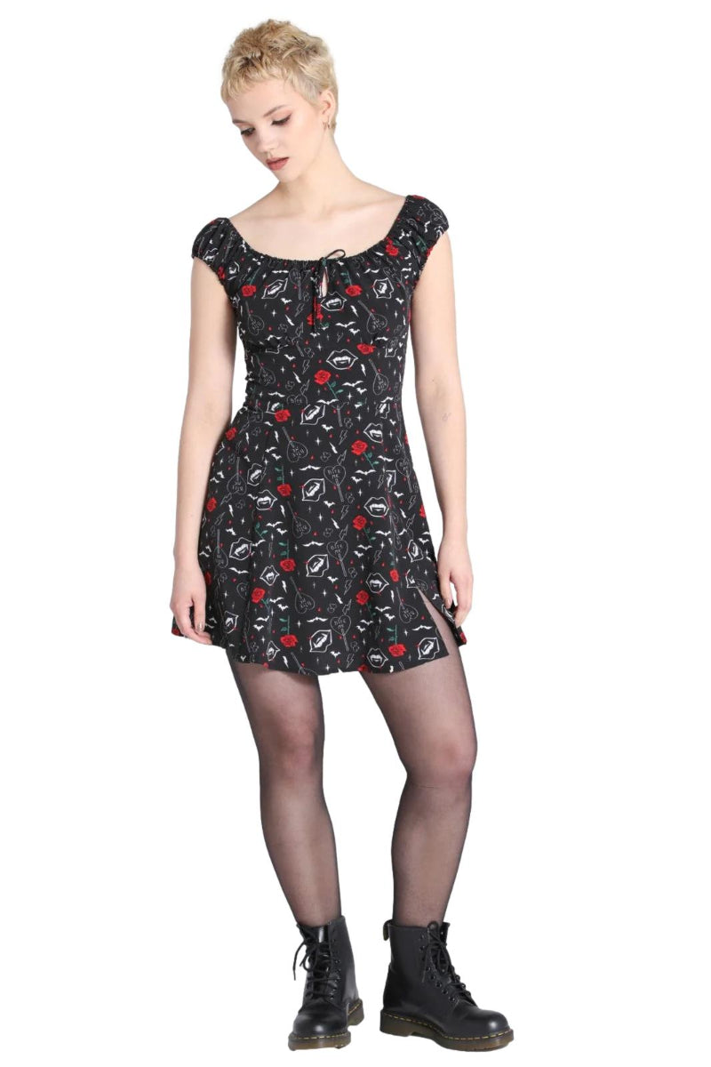 Hell Bunny Lilith Roses Bats Fangs Printed Mini Dress