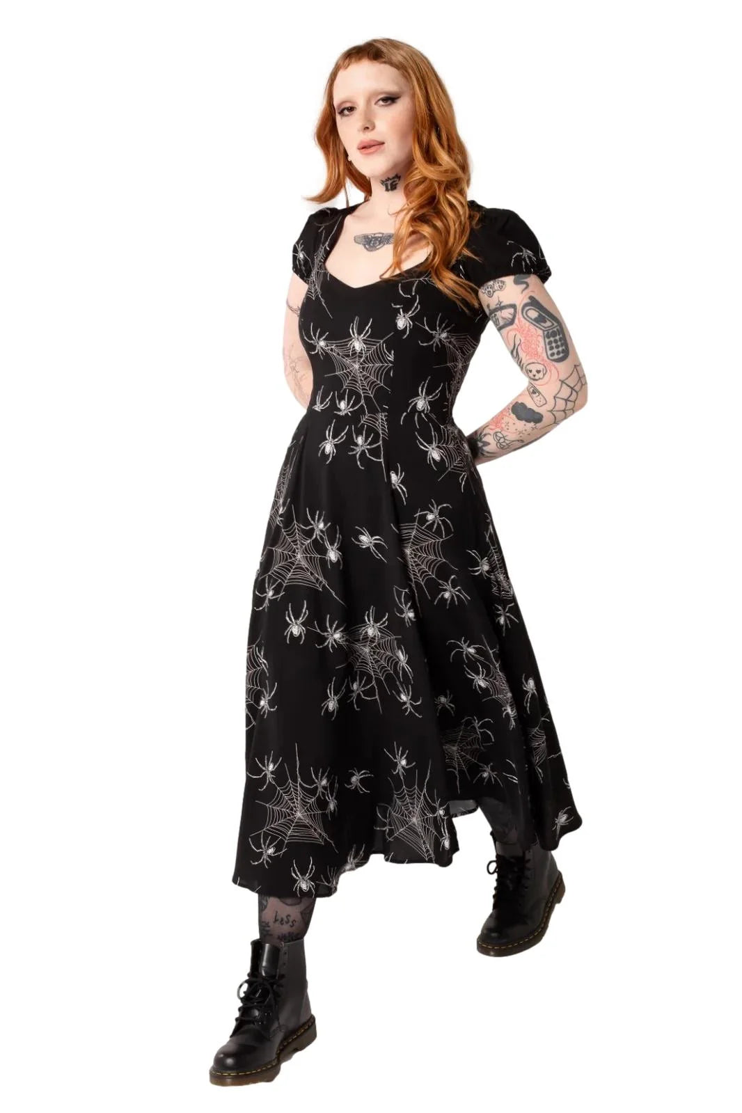 Grungy Spider Gothic Dress by Hell Bunny Midi Puff Sleeves | Ro Rox Grungy Spider Gothic Dress by Hell Bunny Midi Puff Sleeves | Ro Rox