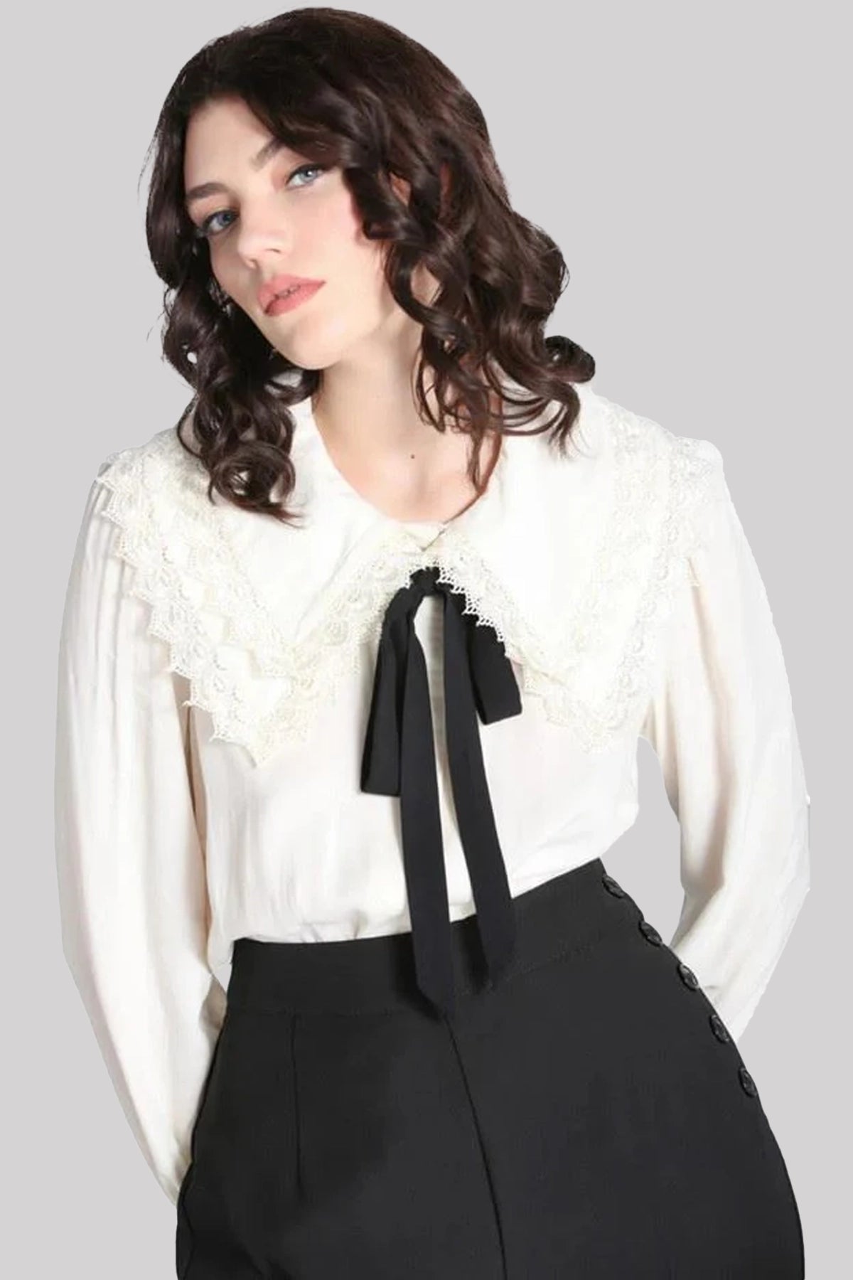 Hell Bunny Peyton Gothic Retro Semi Fitted Ivory Tie Blouse