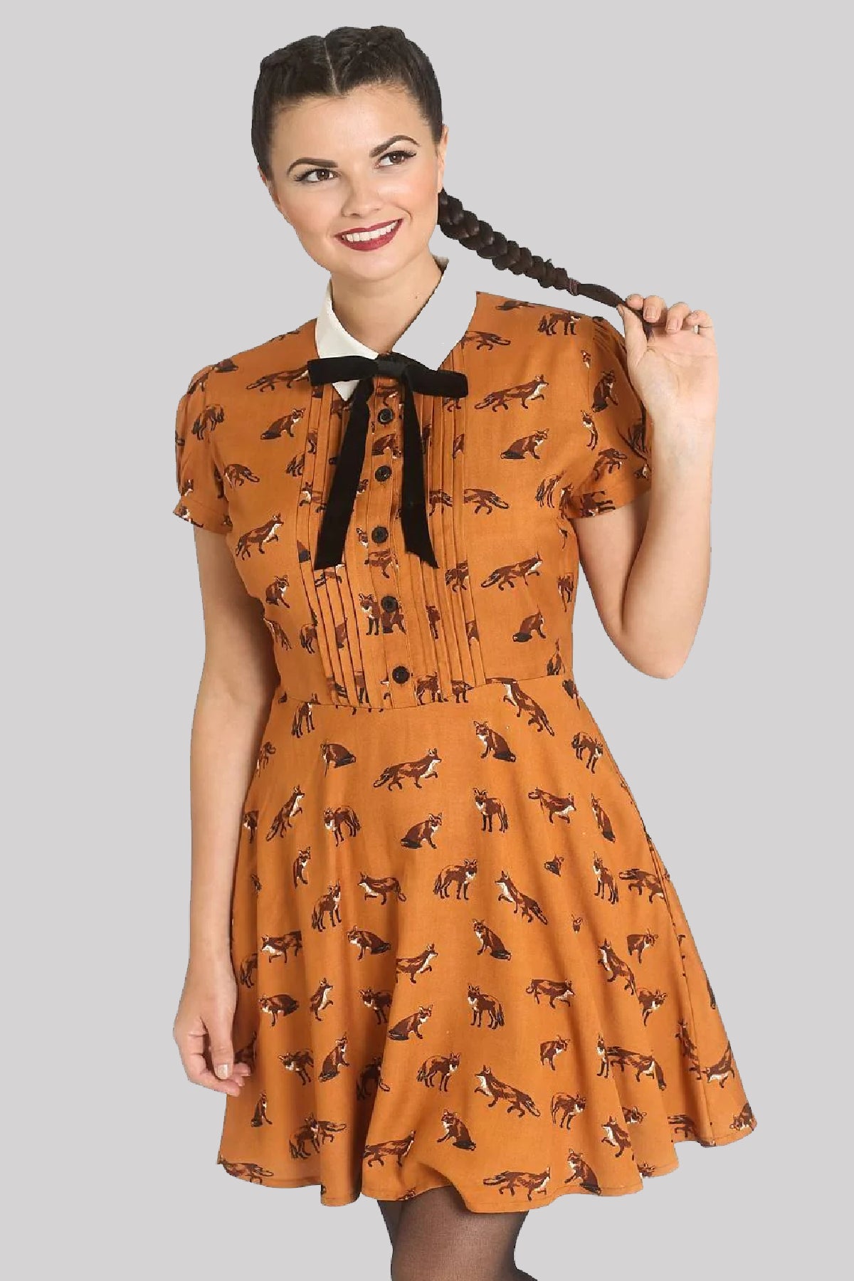 【ファッション通販】 Hell Bunny Vixey Fox Retro 1960's Dress - Brown | Ro Rox ワンピース