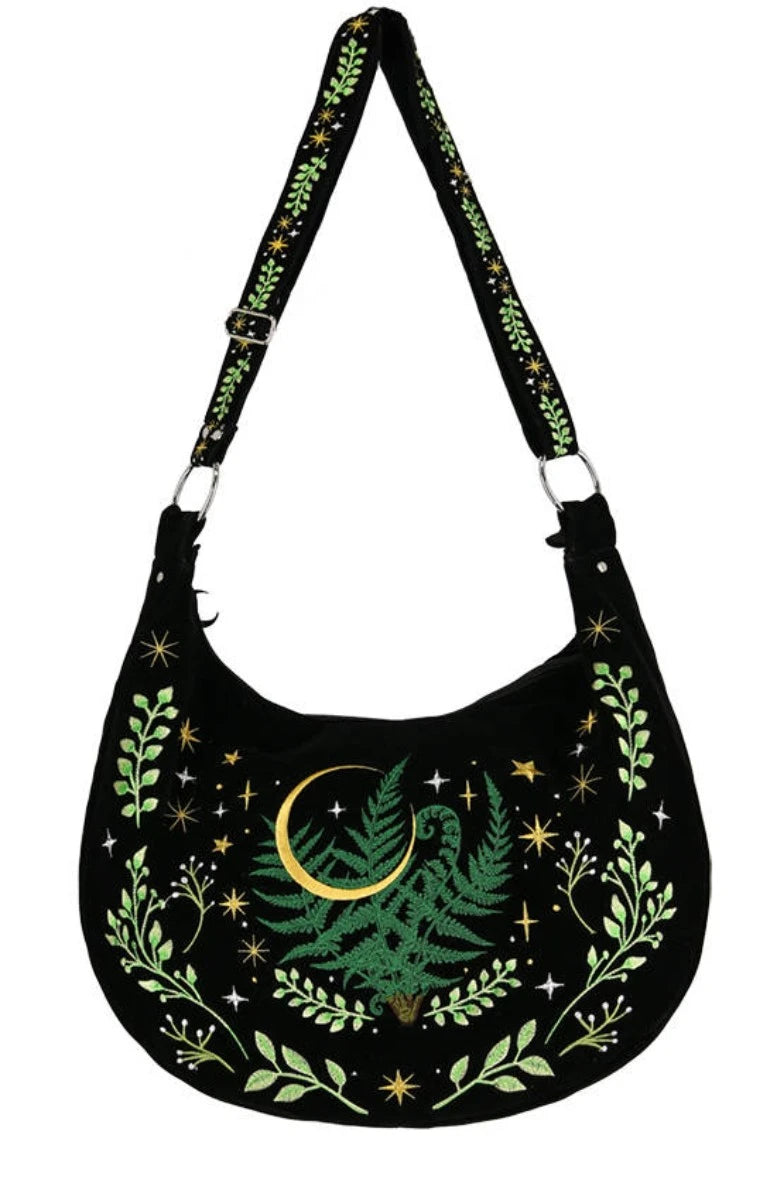 Herbal Hobo Bag Fern Embroidery - Gothic Velvet Crescent bag