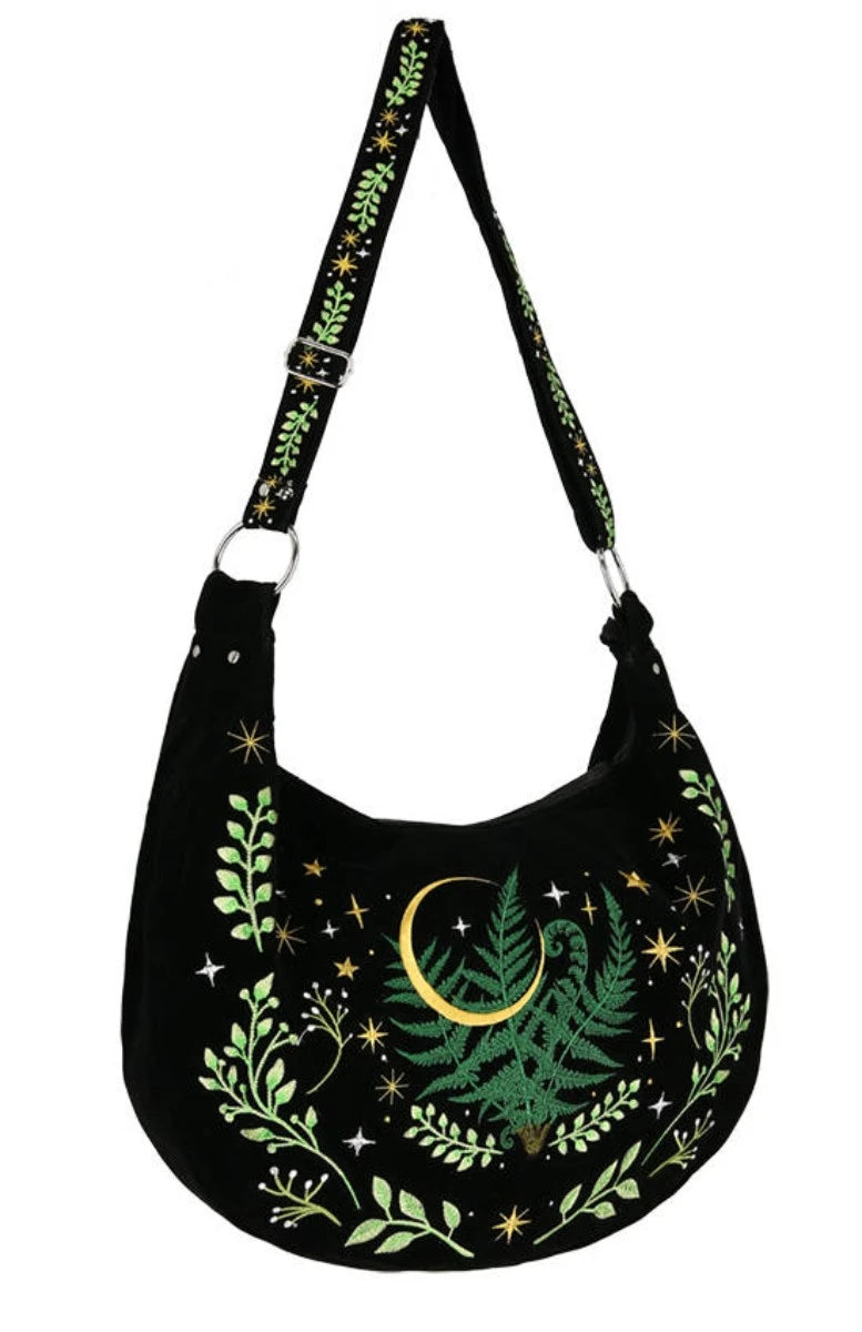 Herbal Hobo Bag Fern Embroidery - Gothic Velvet Crescent bag