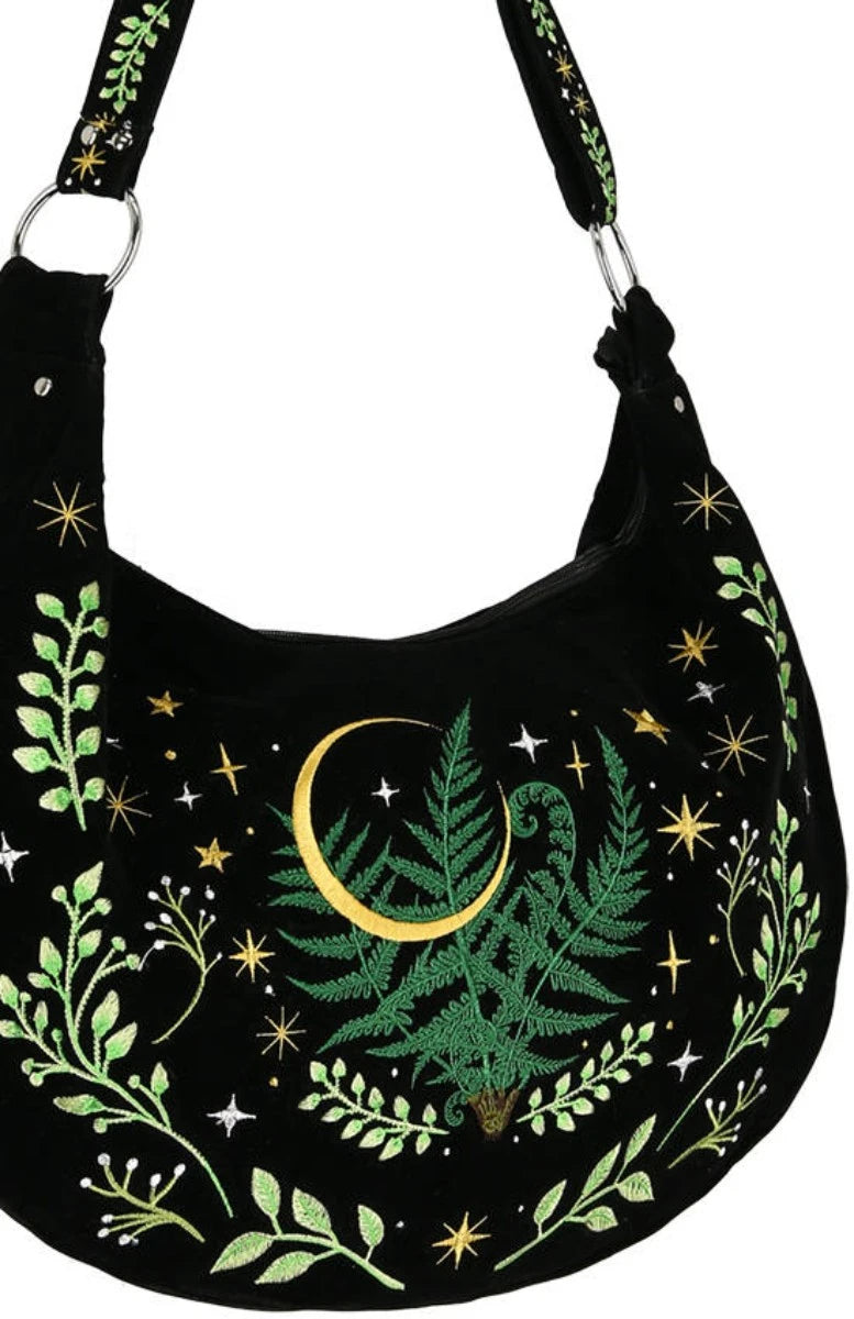 Herbal Hobo Bag Fern Embroidery - Gothic Velvet Crescent bag