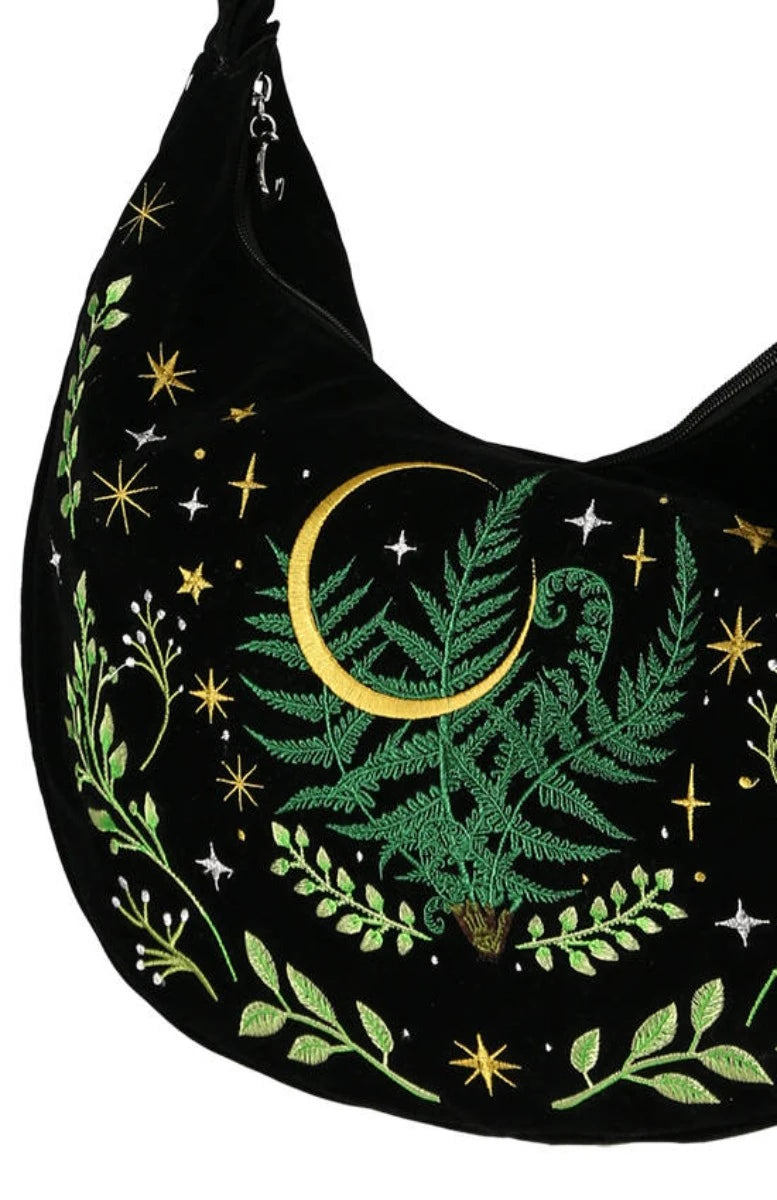 Herbal Hobo Bag Fern Embroidery - Gothic Velvet Crescent bag