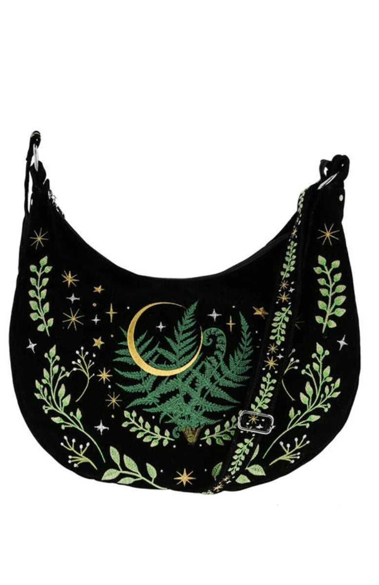 Herbal Hobo Bag Fern Embroidery - Gothic Velvet Crescent bag