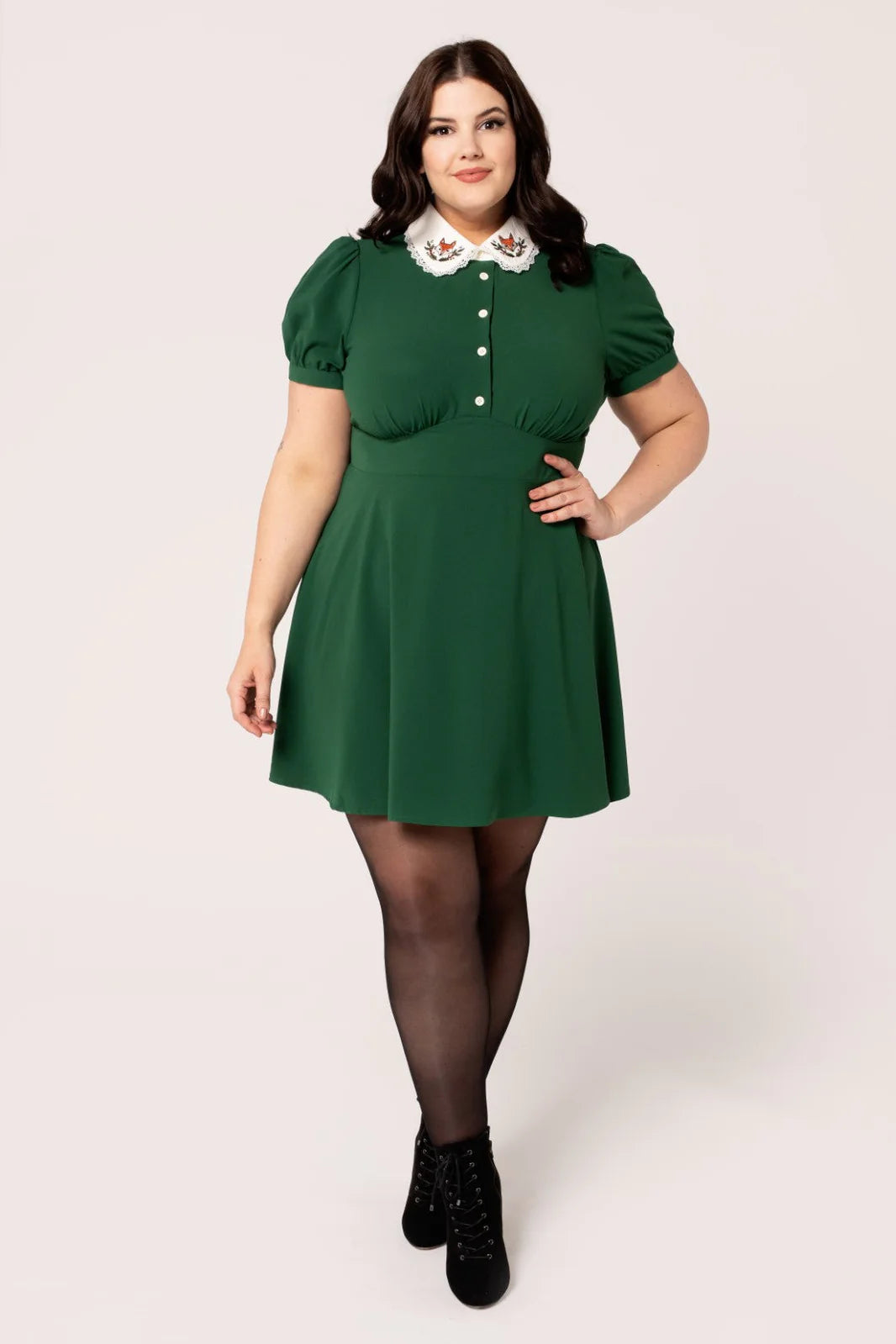 Hell Bunny Basil Mini Dress Green Fox Embroidered Collar Ro Rox