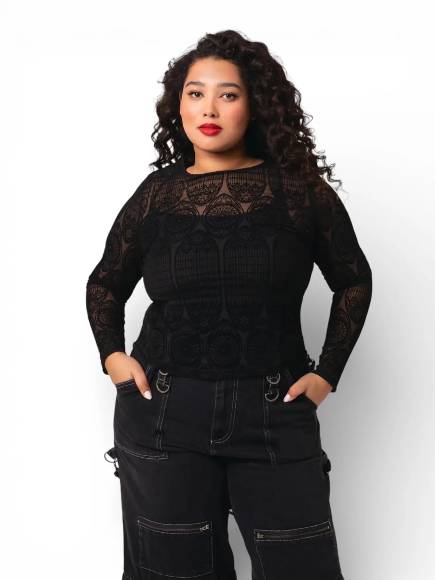 Hell Bunny Mea Culpa Top Black Gothic Mesh Flocked Sheer Top | Ro Rox