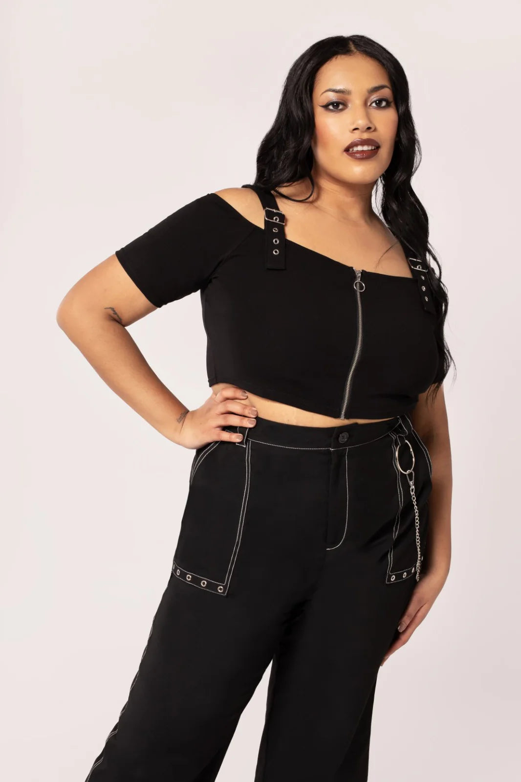 Hell Bunny Obsidian Top - Gothic Strappy Crop with Zipper