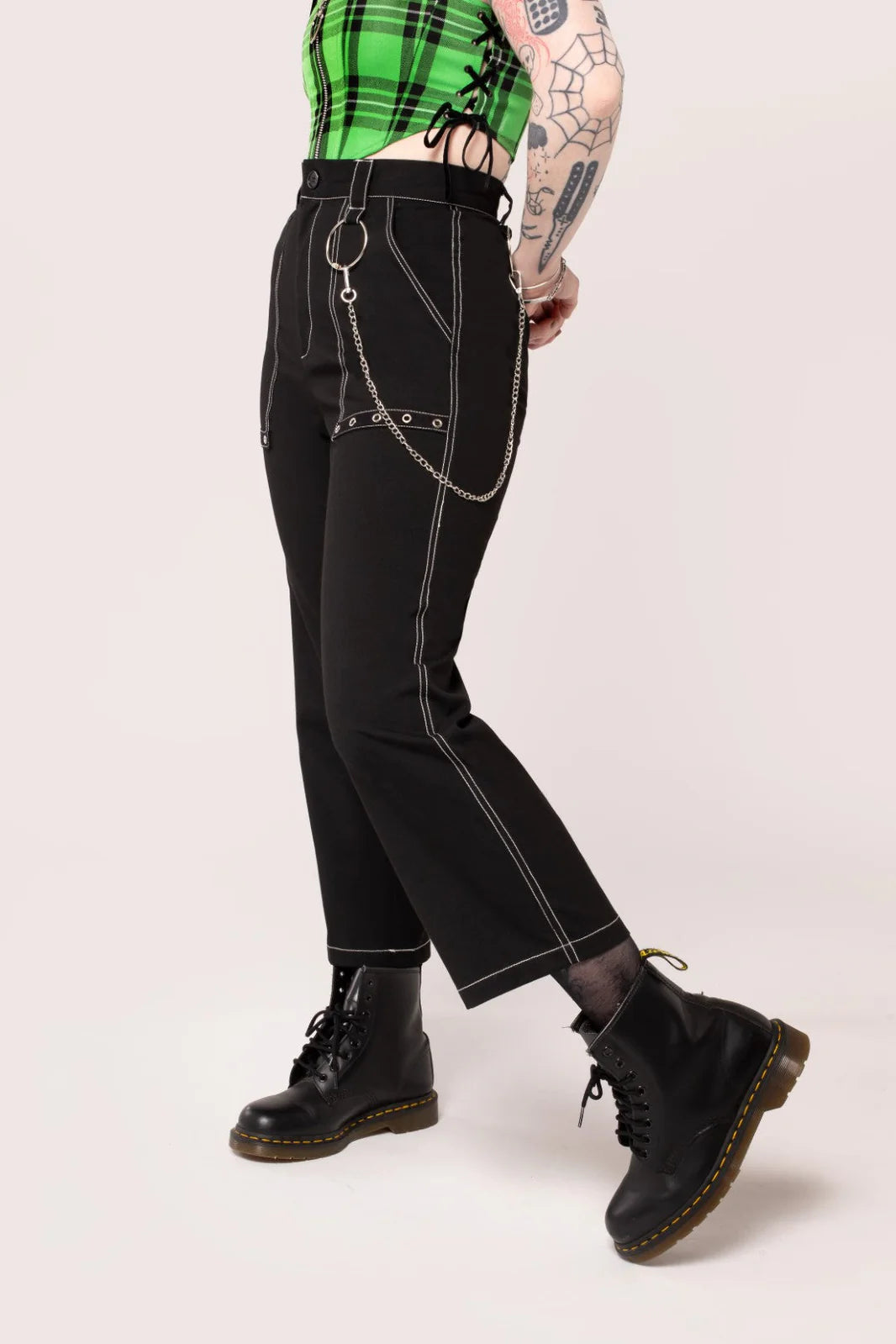 Hell Bunny Obsidian Trousers Edgy High Waist Pants with Chain