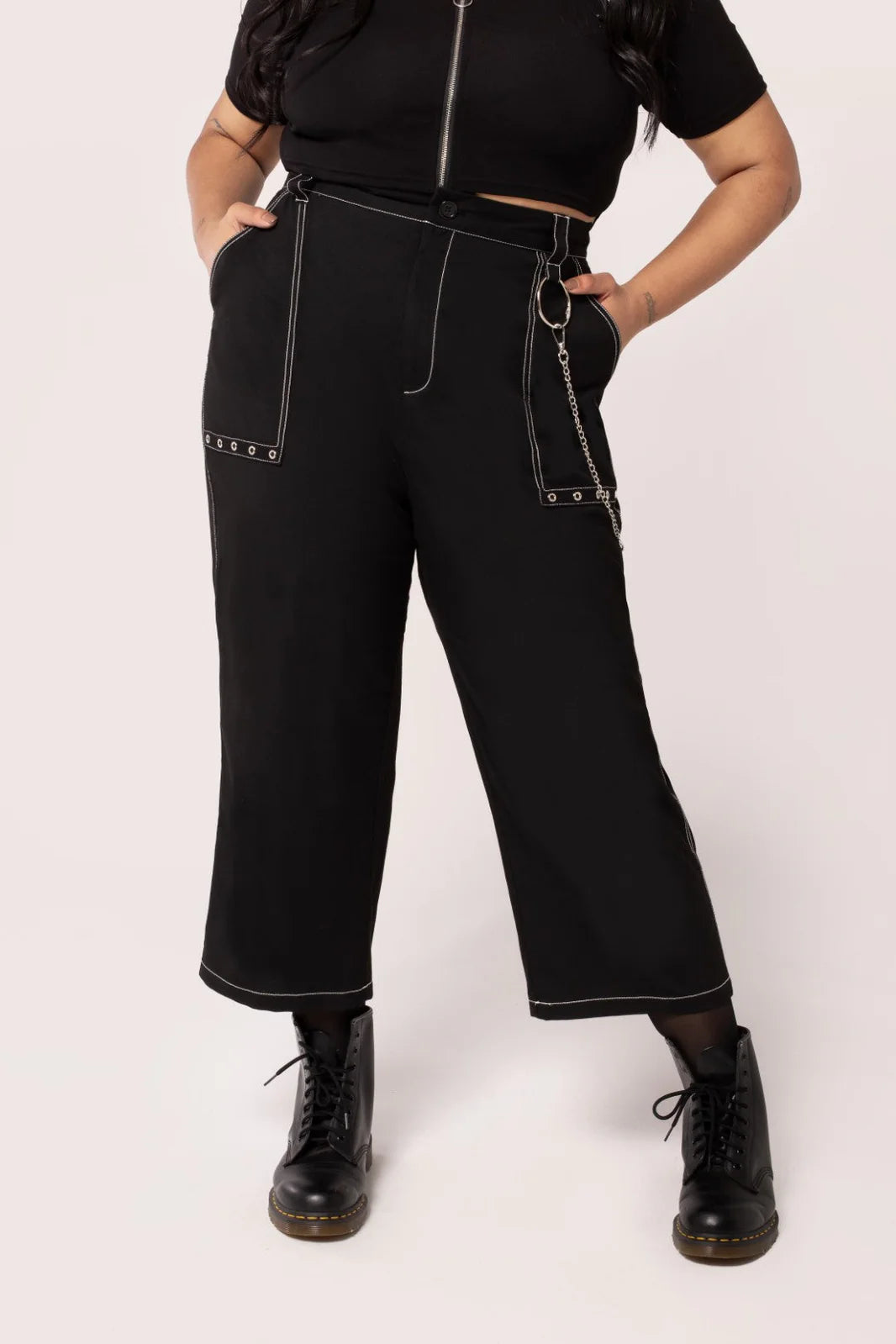 Hell Bunny Obsidian Trousers Edgy High Waist Pants with Chain