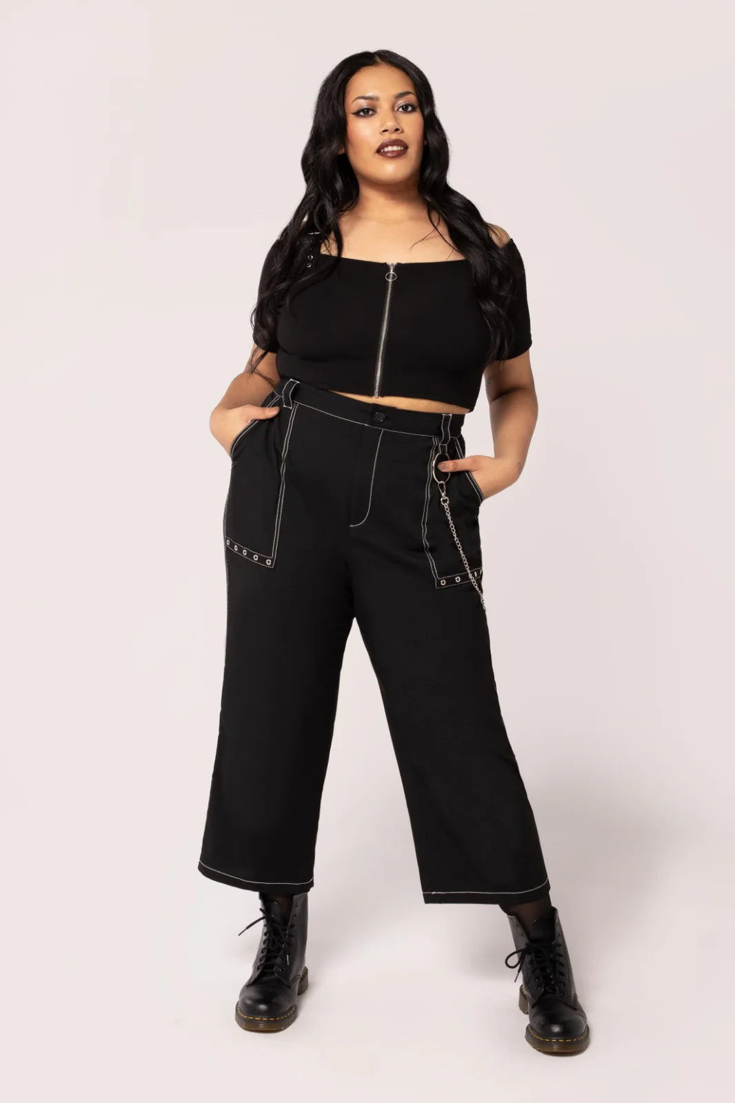 Hell Bunny Obsidian Trousers Edgy High Waist Pants with Chain