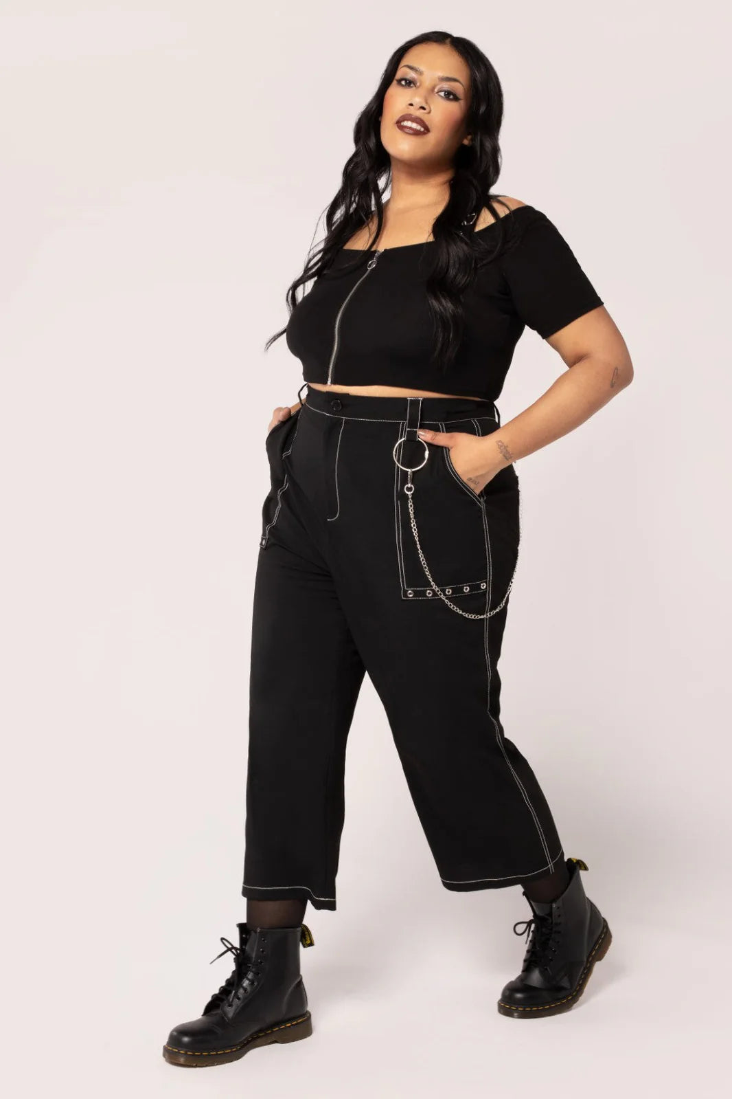 Hell Bunny Obsidian Trousers Edgy High Waist Pants with Chain