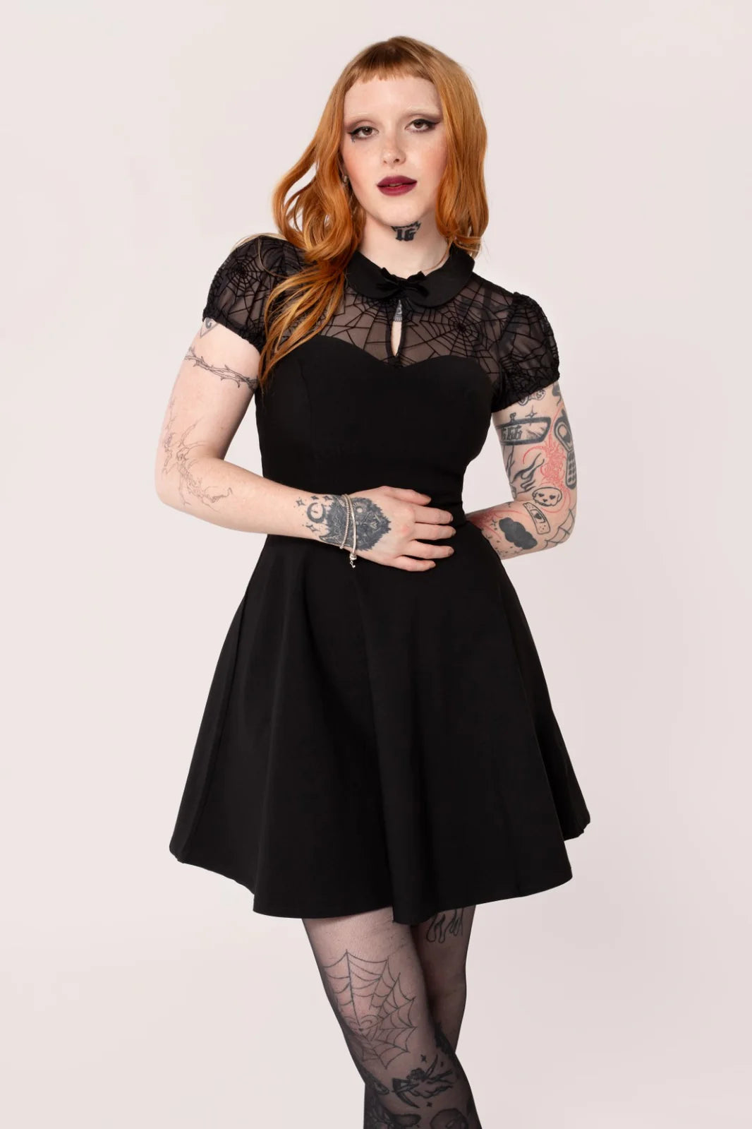 Hell Bunny Viola Dress Fitted Gothic Spider Web Lace Skater
