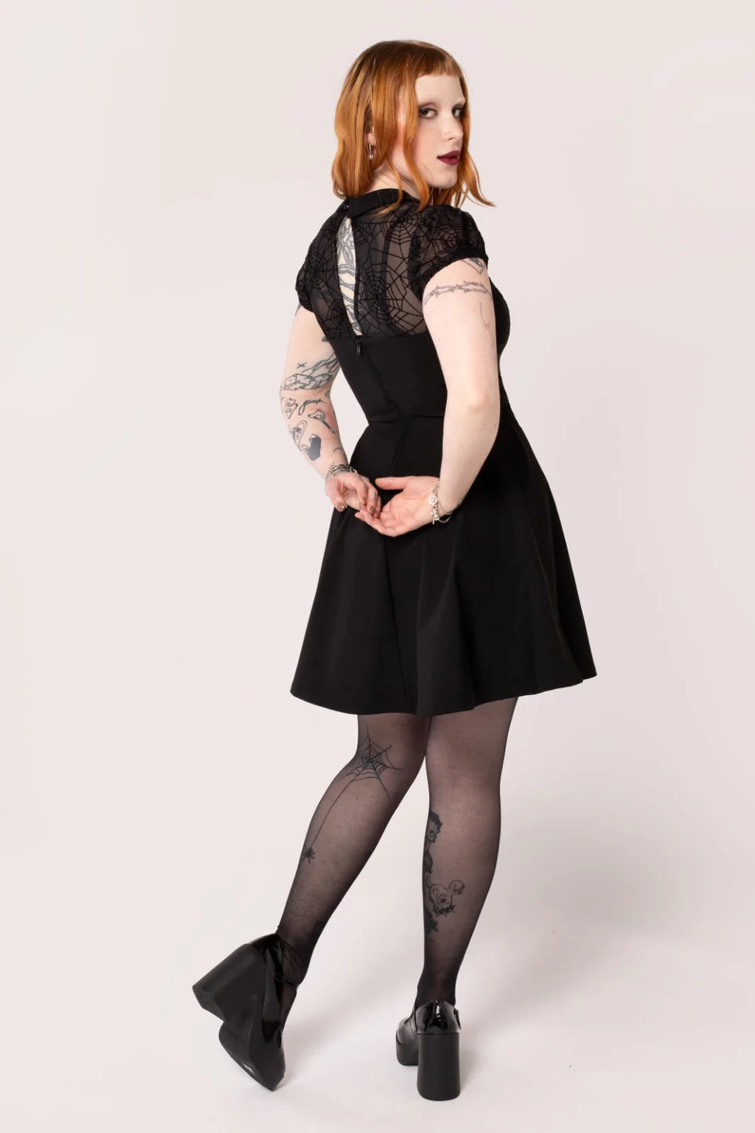 Hell Bunny Viola Dress  Fitted Gothic Spider Web Lace Skater