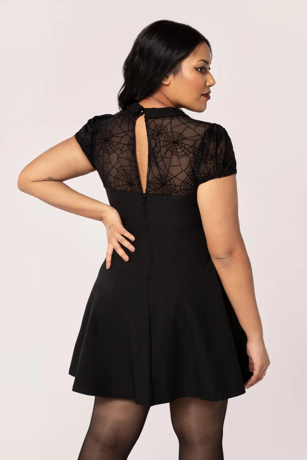 Hell Bunny Viola Dress  Fitted Gothic Spider Web Lace Skater