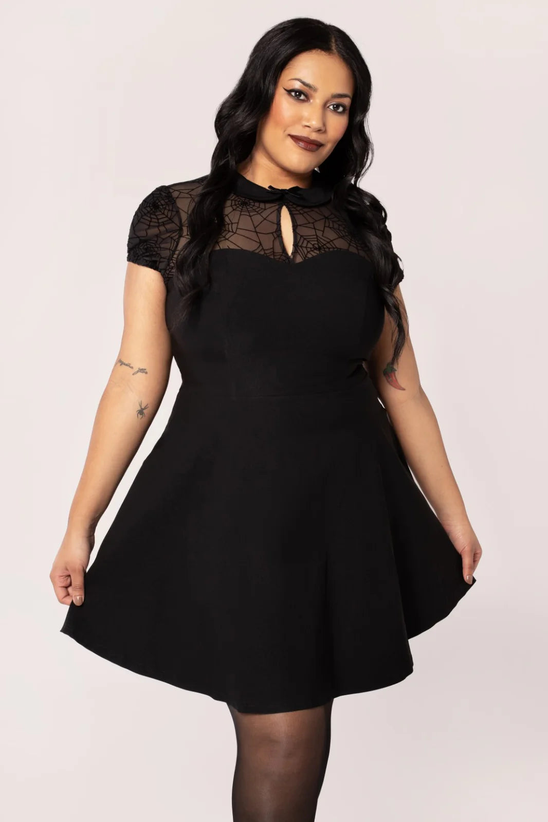 Hell Bunny Viola Dress  Fitted Gothic Spider Web Lace Skater