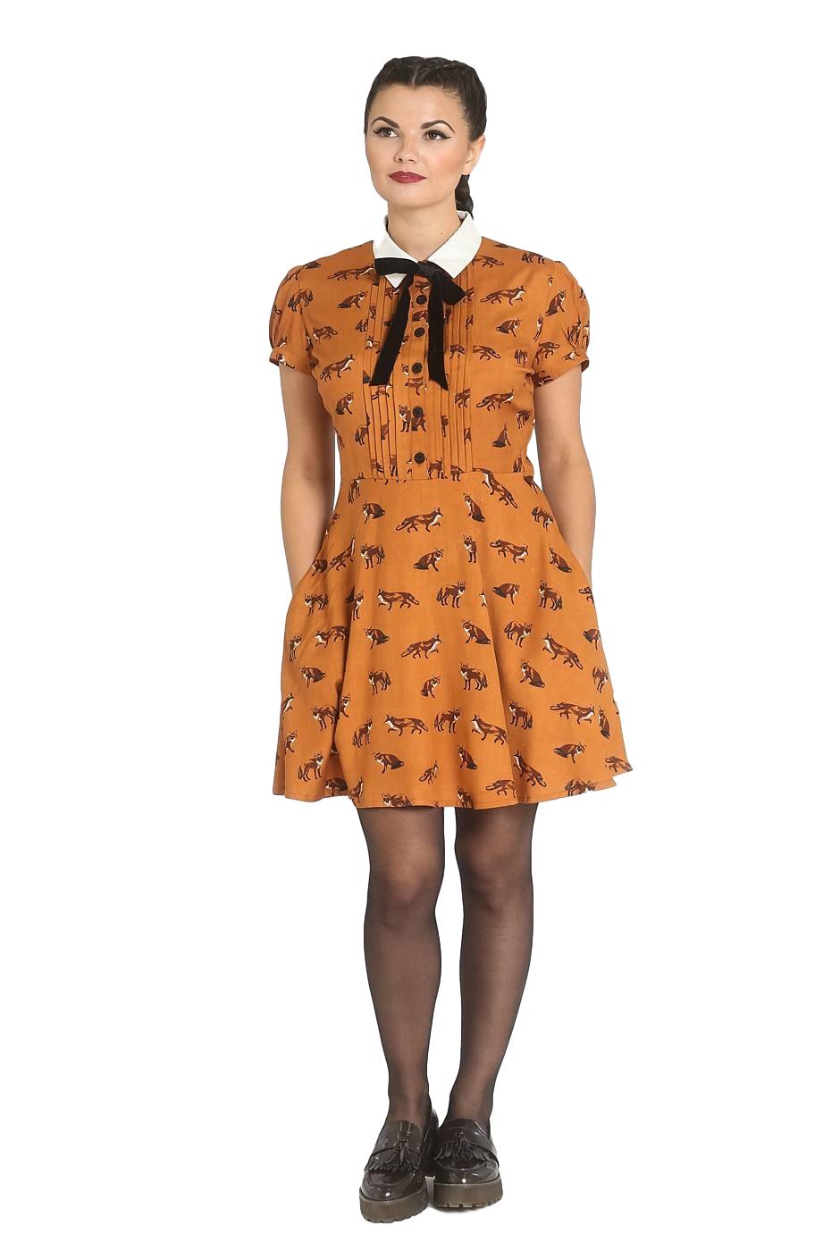 Hell Bunny Vixey Fox Retro 1960's Dress - Brown