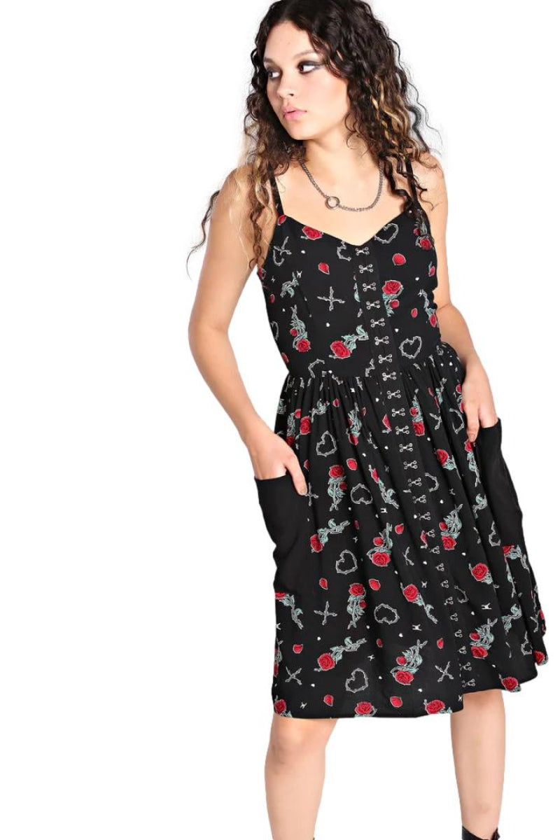 Hell Bunny Zoey Gothic Hearts & Roses Printed Viscose Knee-Length Dress