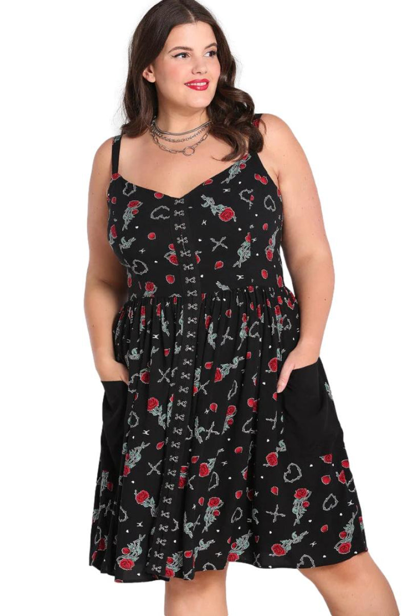 Hell Bunny Zoey Gothic Hearts & Roses Printed Viscose Knee-Length Dress