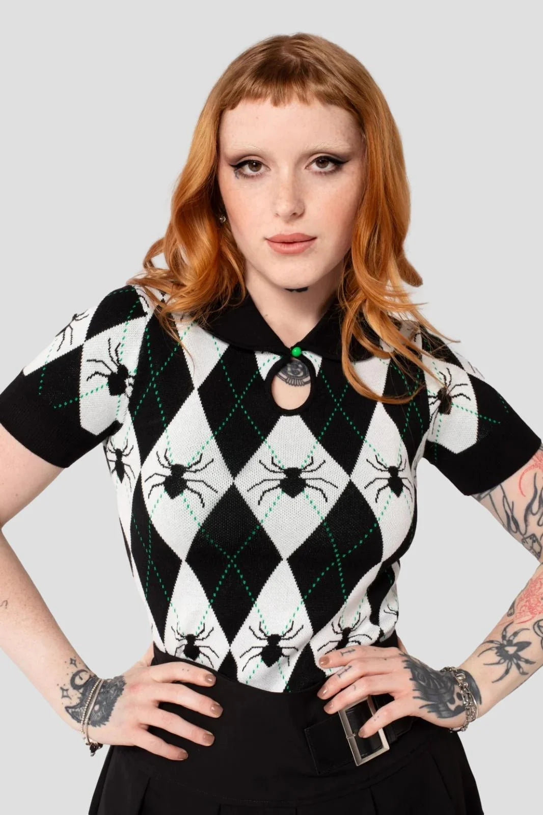 Hell Bunny Natasha Knitted Top - Gothic Spider Argyle Print | Ro Rox