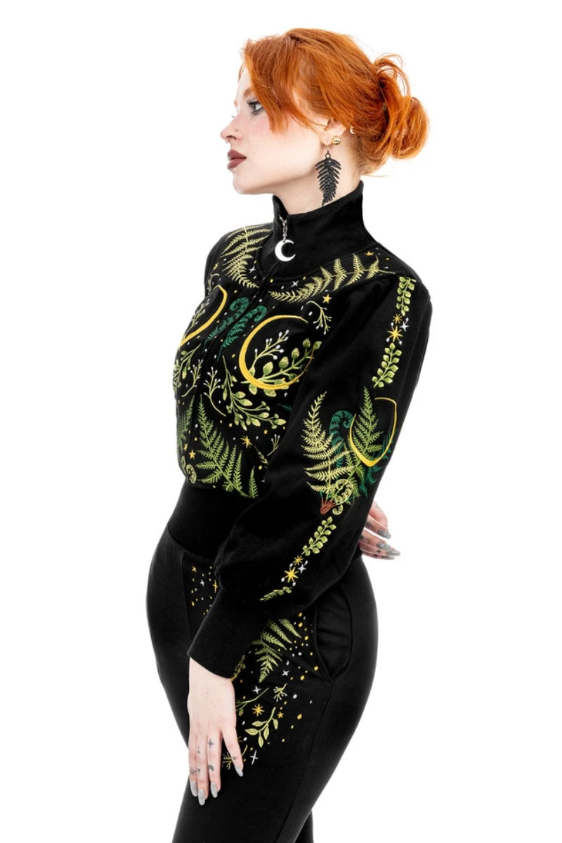 Restyle Herbal Cropped Sweatshirt - Gothic Botanical Zip-Up